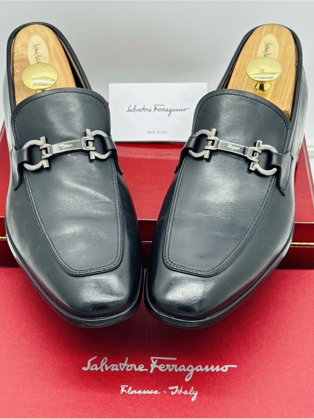 Salvatore Ferragamo Black Leather Gancini Horsebit Loafers 10 Extra WIde EEE